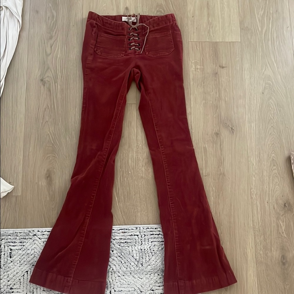 Corduroy Red Flare Pants with Lace-Up Front and low rise